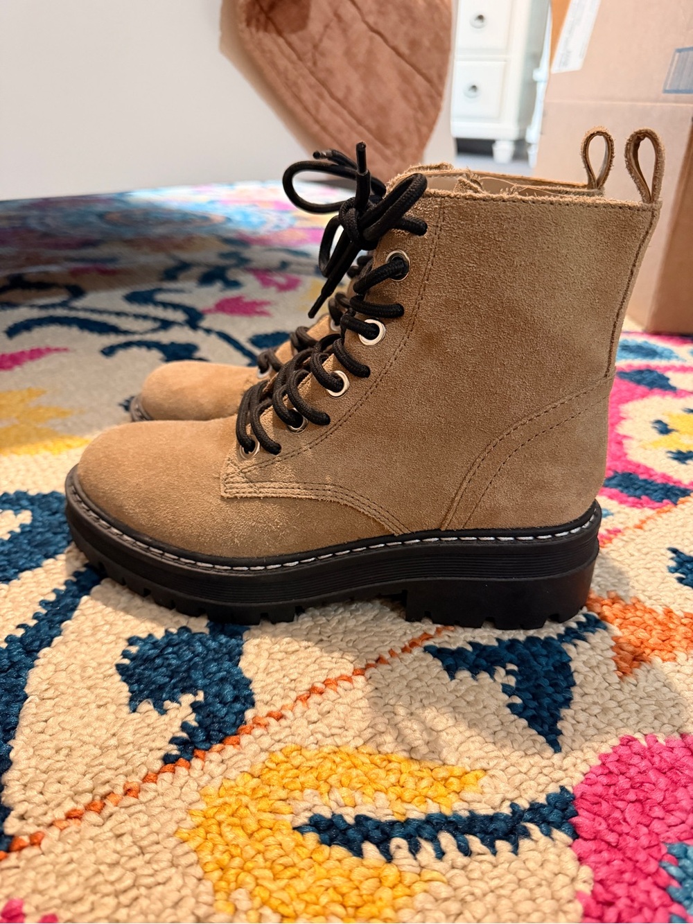 Marc Fisher Tan Suede Lace-Up Combat Boots with Black Laces